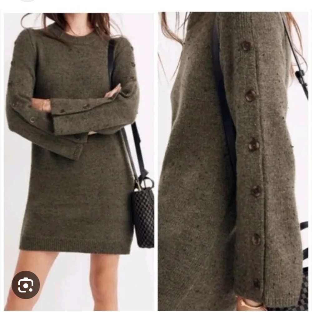 Olive Green Button-Sleeve Knit Dress